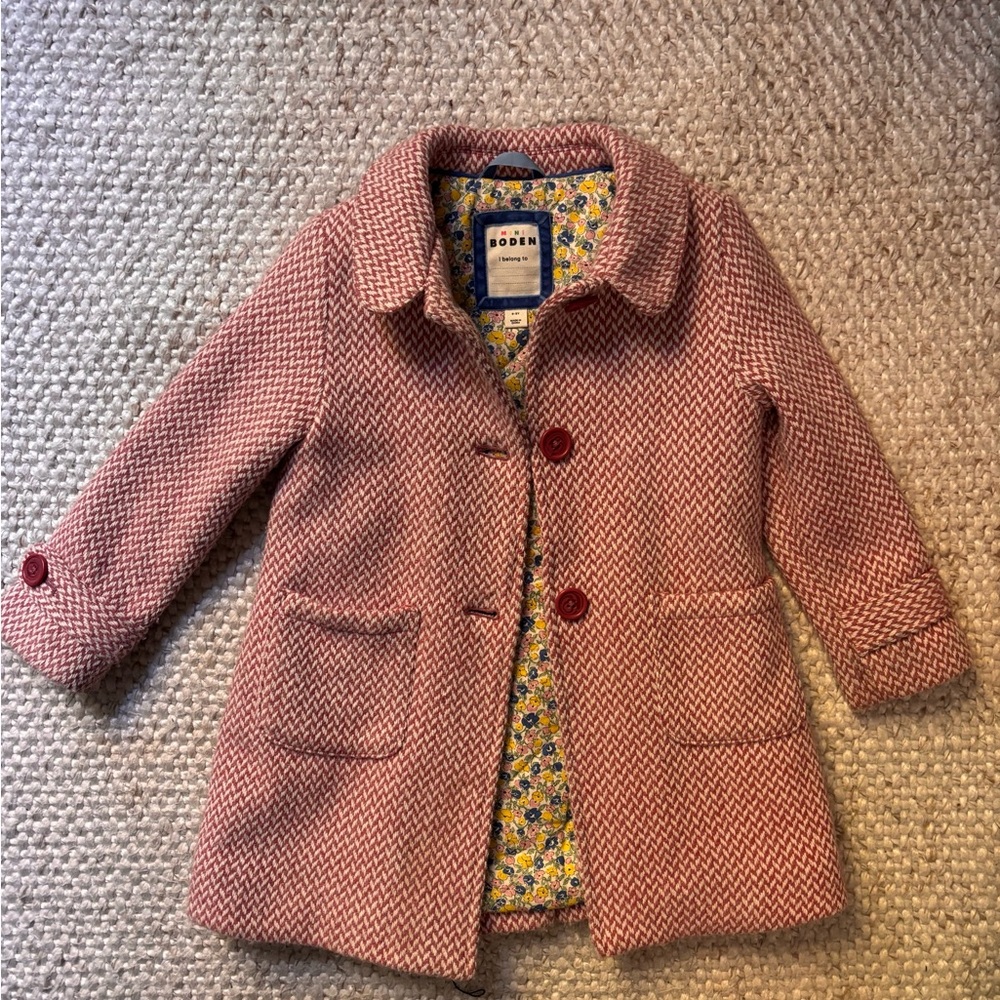 Boden Kids Pea Coat in Pink Herringbone